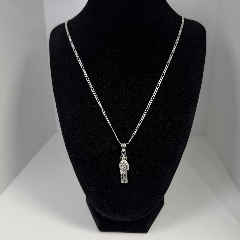 925 Sterling Silver San Judas Pendant Necklace 24 Inch Figaro Chain
